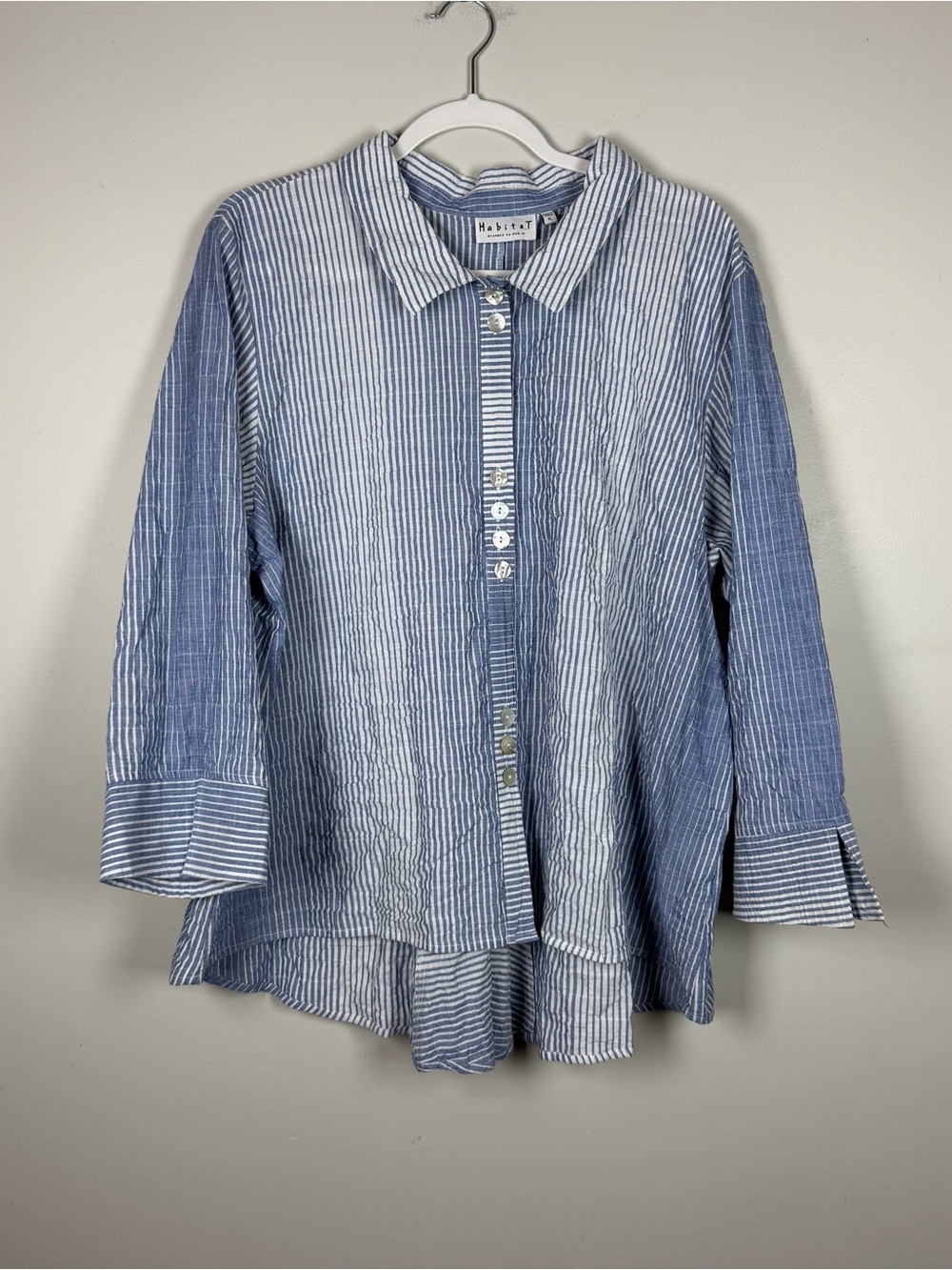 Habitat Blue White Striped Cotton Button Front Top Blouse Coastal Lagenlook XL
